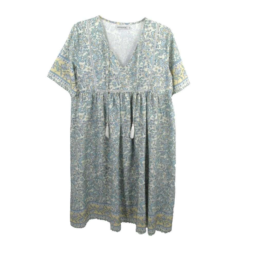NWOT MISSLOOK Midi Peasant Dress Women Med Blue Floral Cottage Core Boho Smock